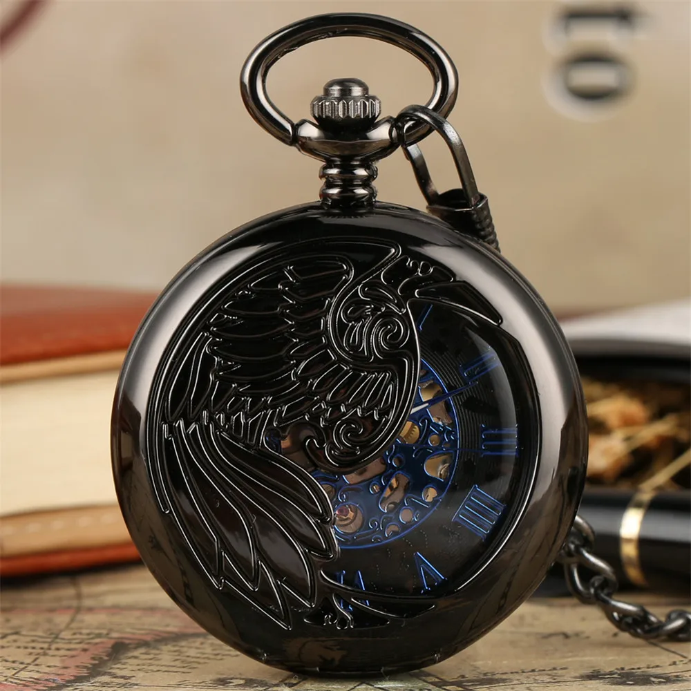 Vintage Black Wing Pattern Mechanical Pocket Watch Male Retro Pocket Pendant Clock with Chain Half Hunter Manual Timepiece reloj