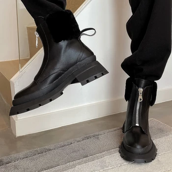 

BONJOMARISA Genuine Leather Fashion Ladies Punk Ankle Boots Chunk Zipper Platform Boots Women Brand Winter Shoes Woman