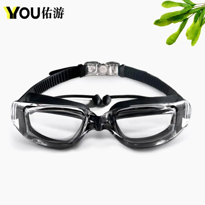 Transparent Black Очки для плавания для близорукости, затычки для ушей, профессиональные, взрослые, силиконовые плавающие кепки, очки для бассейна, анти-туман, для мужчин и женщин, оптические, водонепроницаемые очки - Цвет: Transparent Black