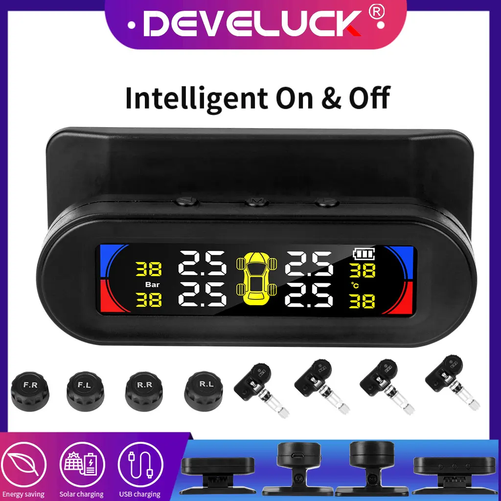 

Car TPMS Tire Pressure Monitor System Automatic Brightness Control Solar Charging USB Adjustable IP67 Screen 4 External Sensor