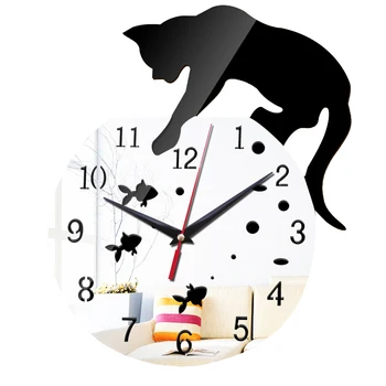 

Cute Bedroom Living Room Cartoon Cat Durable Lightweight Easy Install Unique Mute Running Acrylic Mirror Waterproof Wall Clock