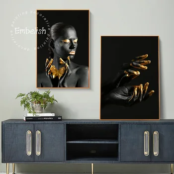 

Embelish Sexy Black African Women With Golden Lips Wall Art Pictures For Living Room HD Canvas Painting Nude Home Deccor Posters