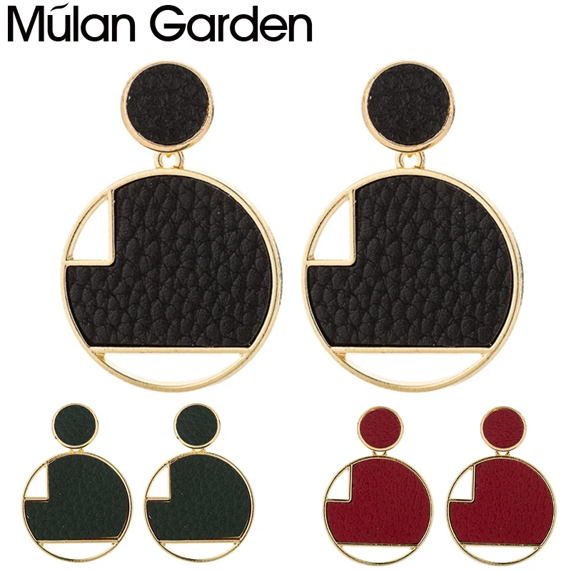 M&ampG Geometric Faux Leather Earrings for Women Black Gold Circle Pendant Drop Fashion Jewelry Accessories Hot Sale Gift | Украшения и