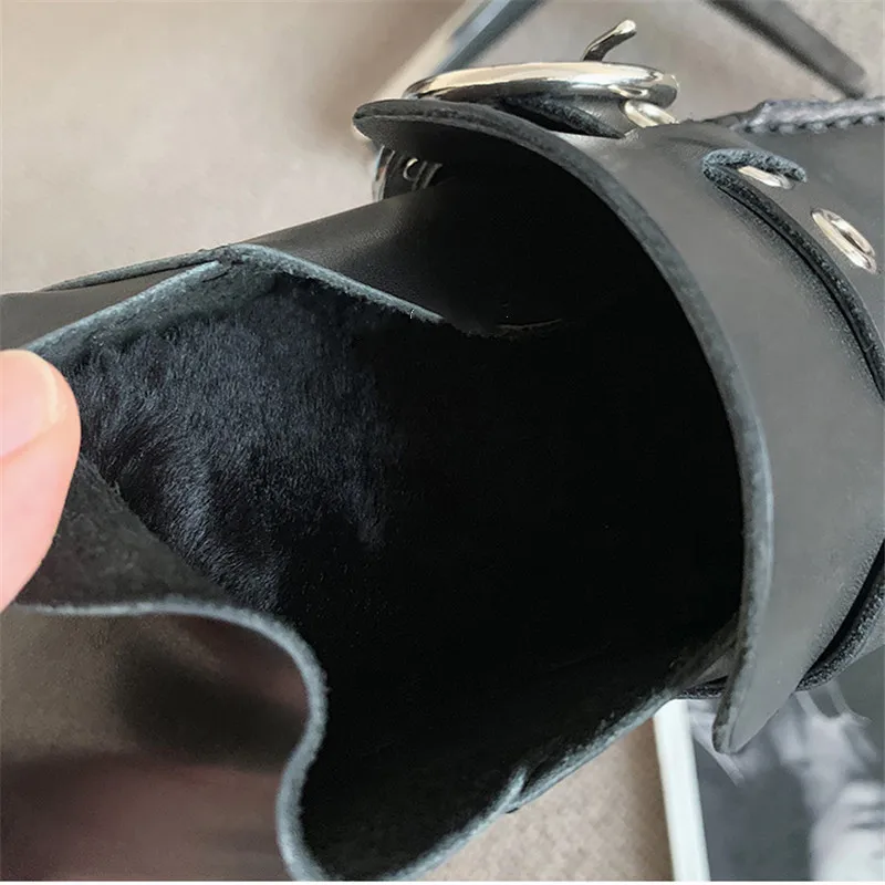New Black Genuine Leather Loafers Shoes Soft Sole Winter Wool Keep Warm Shoes Woman Belt Buckle Casual Flat Zapatos Mujer