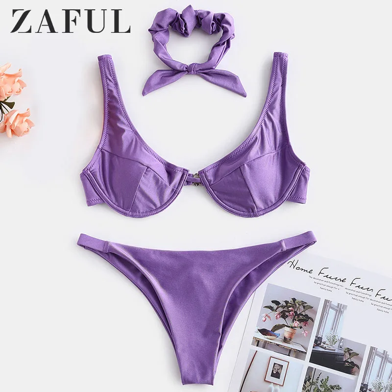 ZAFUL Shiny Underwire Bikini Set With Hair Band Padded Solid Women Bathing Suit Low Waisted Push Up Swimsuit Sexy Swimwear 2019 | Женская