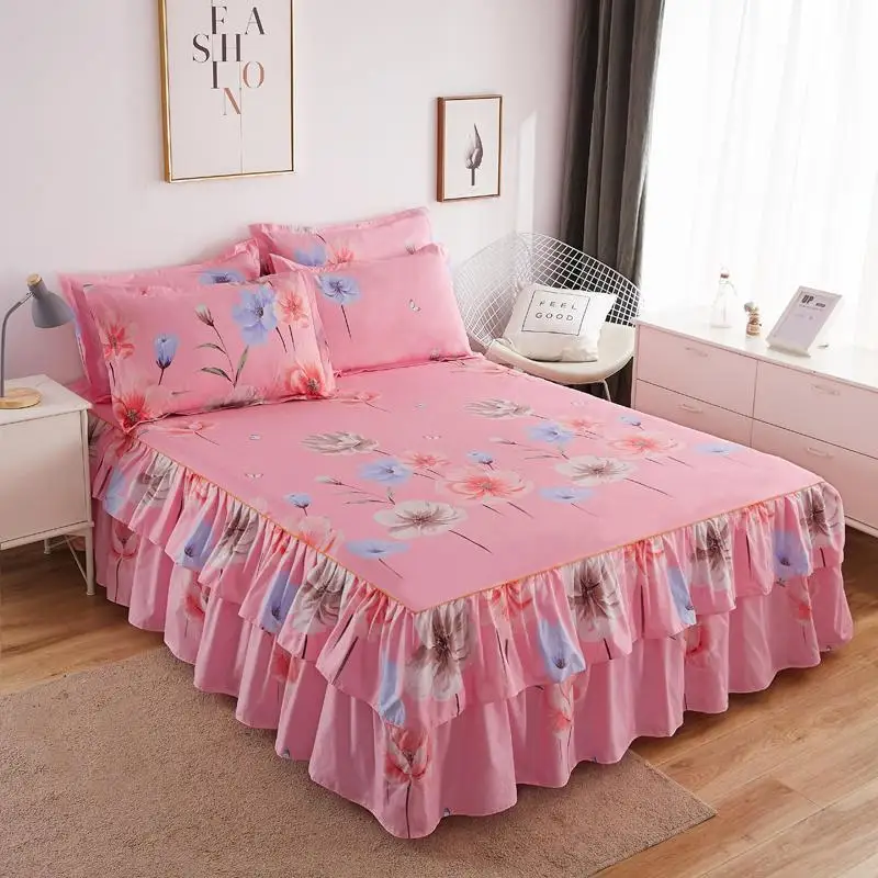 Floral Printing Soft Bed Skirt And Pillowcase Set King Queen Twin Size Bedspread 