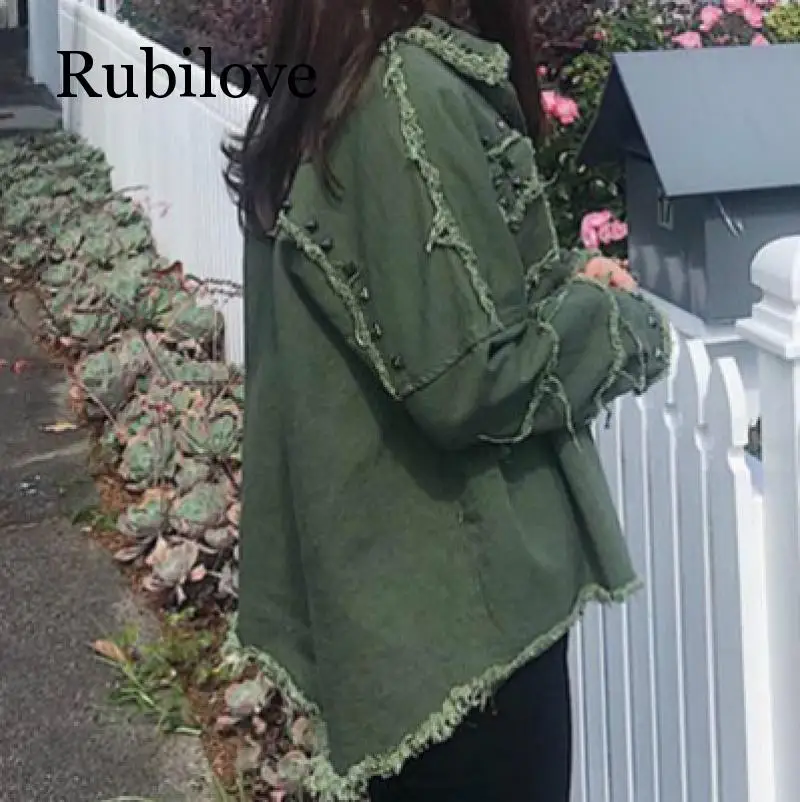 Best  Spring Studded Frayed Women's Denim Jacket Long Sleeve Women's Jackets Large Size Outerwear Irregul