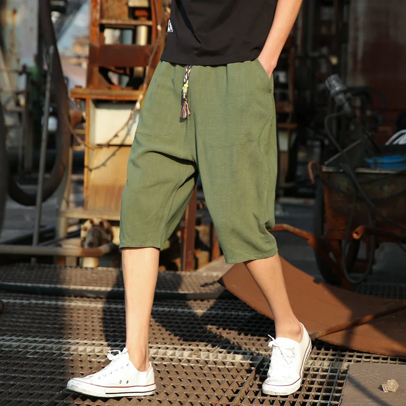 Summer flax 7-minute trousers men's shorts Korean version trend leisure loose Chinese wind cotton 6-minute thin trousers