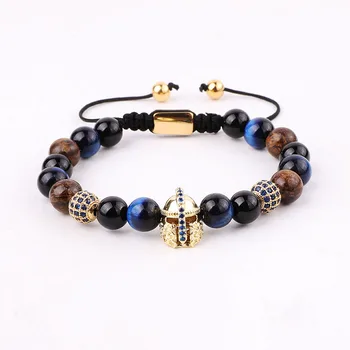 High Quality Natural Stone Beads Blue CZ Helmet Charm Macrame Adjustable Bracelet Men