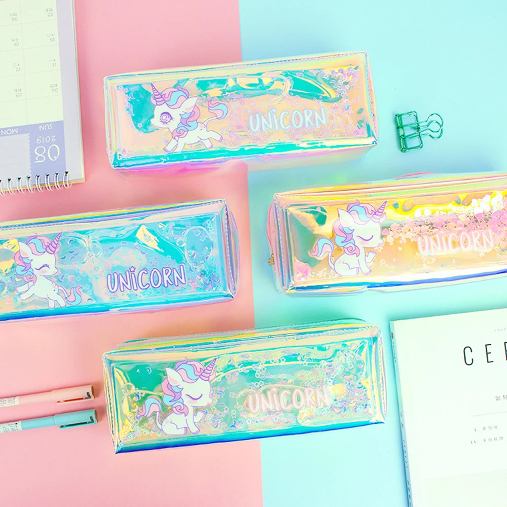 

1Pcs Unicorn Pencil Case Transparent Laser Quicksand Pencil Bag Stationery Storage Bag Office School Supplies