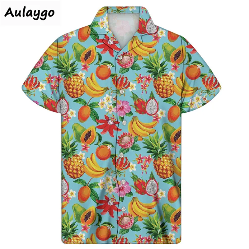 Mitiy Mens Printing Short Sleeve Casual Button Down Shirt Hawaiian Tropical Fruit Pineapple Shirts