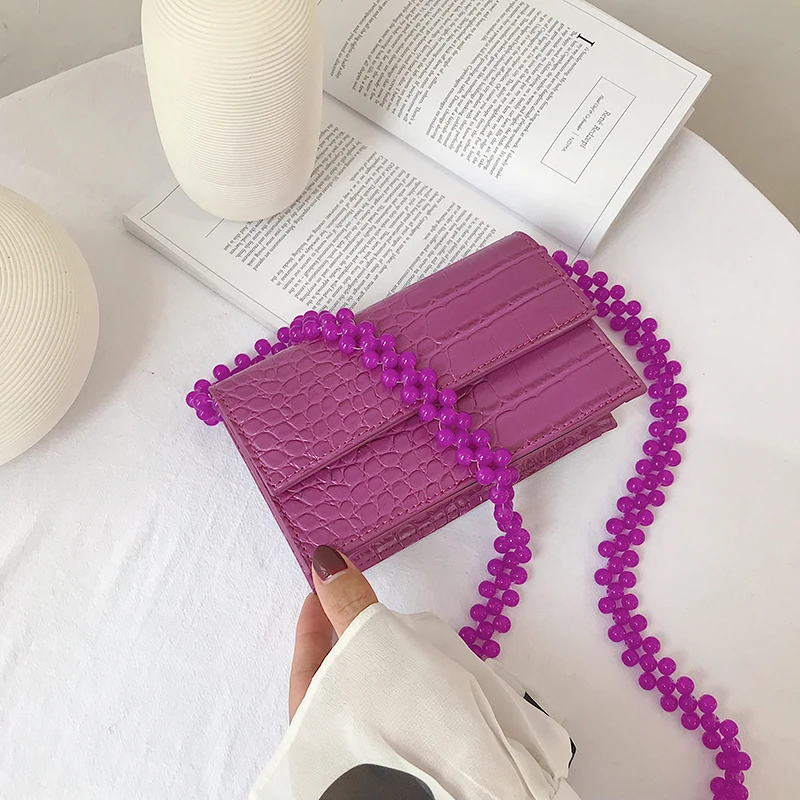 Женская сумка на плечо с цепочкой и бусинами из крокодилового камня, маленькая квадратная сумка через плечо с бусинами, женские сумки-мессенджеры - Цвет: Фиолетовый