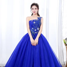 Один Sgoulder синий Бальные платья Тюль с аппликацией кружева сладкий 16 платья Бальные платья Vestidos De 15 Anos