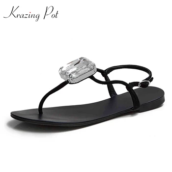 

Krazing pot sheep leather leisure convenient daily wear crystal decoration ummer shoes flat with buckle straps sandals women L53