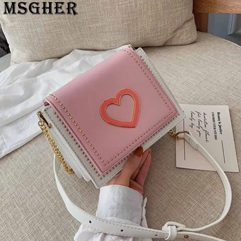 

MSGHER Rivet Flap Women Bag Hollow Out Heart-shaped Lock Panelled New 2019 Slender Metal Chain Shoulder Female Girl Bag WB2767