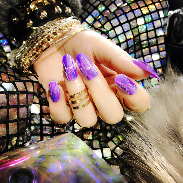 24Pcs Shiny Punk Style Fake Nails Long Ellipse Metallic Mirror Full Cover False Press On Nails Manicure Beauty Tools