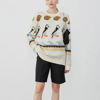 

Pattern Big Size Knitting Sweater Loose Fit Round Neck Long Sleeve Women Pullovers New Fashion Autumn Winter 2020 C191