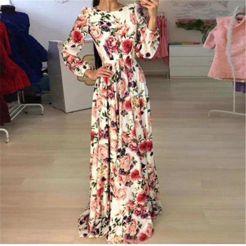 2019 Women's Boho Floral Long Dress Ladies Evening Party Beach Dresses Autumn Spring Sundress Vestito Lungo Females Hot Dress