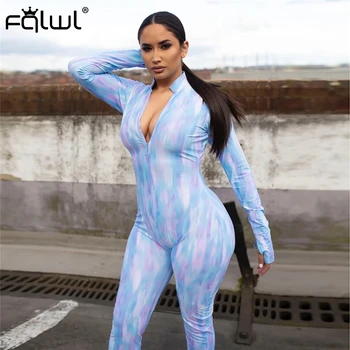 

FQLWL Streetwear Tie-dyed Print Zipper Sexy Bodycon Jumpsuit Women Long Sleeve Skinny Summer Romper Ladies Long Jumpsuit Female