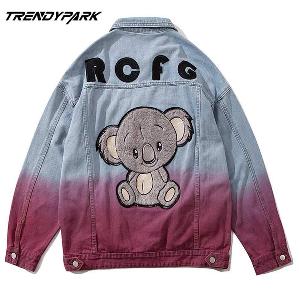 Men Denim Jacket Coat Hip Hop Patchwork Embroidery Bear Streetwear Casual 2020 Autumn Jeans Oversize | Мужская одежда