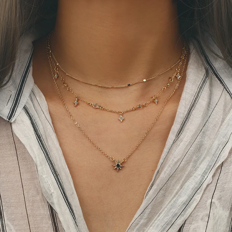 

Multi-layer Gold Metal Chain Necklace for Women Handmade Zircon Crystal Star Adjustable Clavicle Chain Fashion Ladies Jewelry