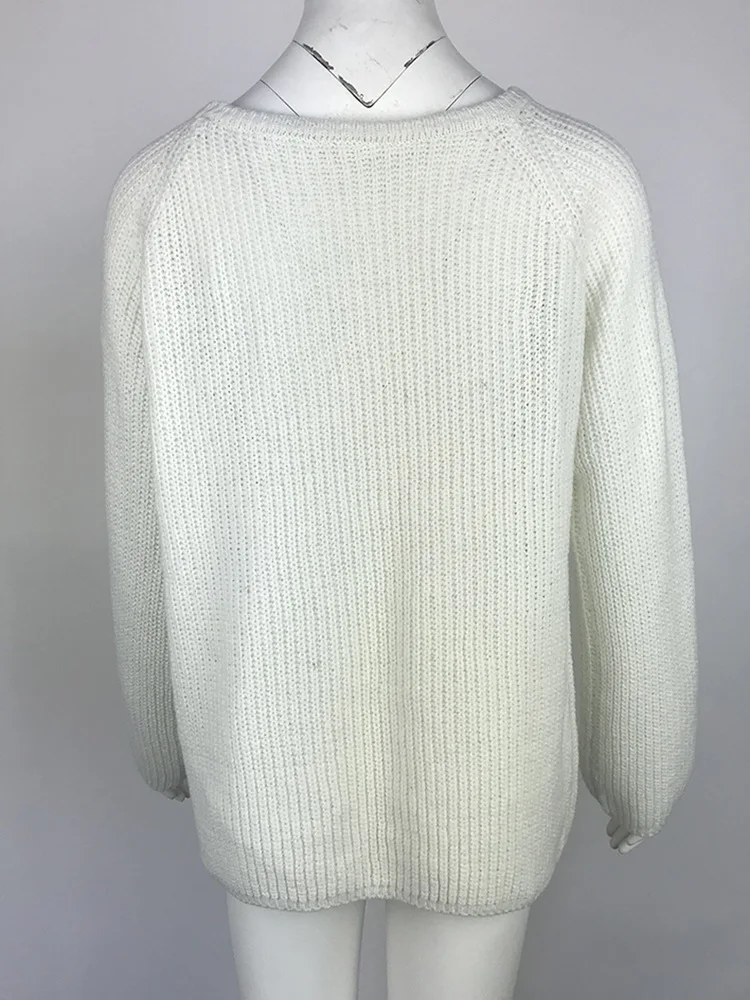 Большой размер свободный свитер осень и зима сплошной цвет круглый вырез длинный рукав пуловер женский свитер