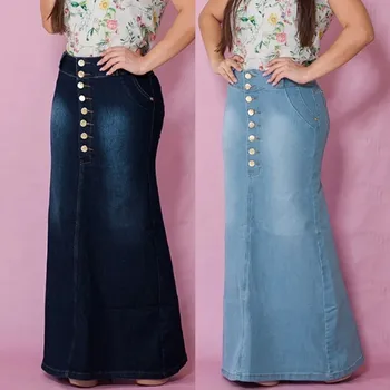 

2020 Skirts Women Spring 's Casual Front Button Washed Denim A-line Skirts Long Jean Skirt Summer Lady Club Skirts Mujer