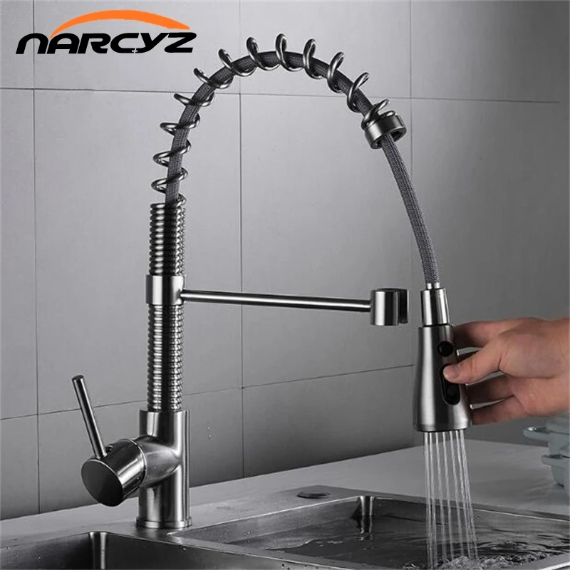 Kitchen Faucets Nickel Brass for Sink Single Lever Pull Out Spring Spout Mixers Tap Hot Cold Water Crane | Обустройство дома