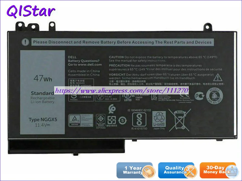 QISTAR 11.4V 47Wh Genuine NGGX5 RDRH9 Laptop Battery For Dell Latitude 12 E5270 Notebook computer