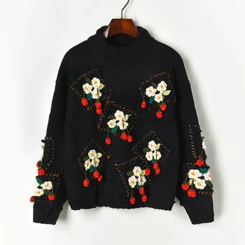

New hand three-dimensional flower fruit coarse needle knitting sweater set loose languid is lazy head female elasticity