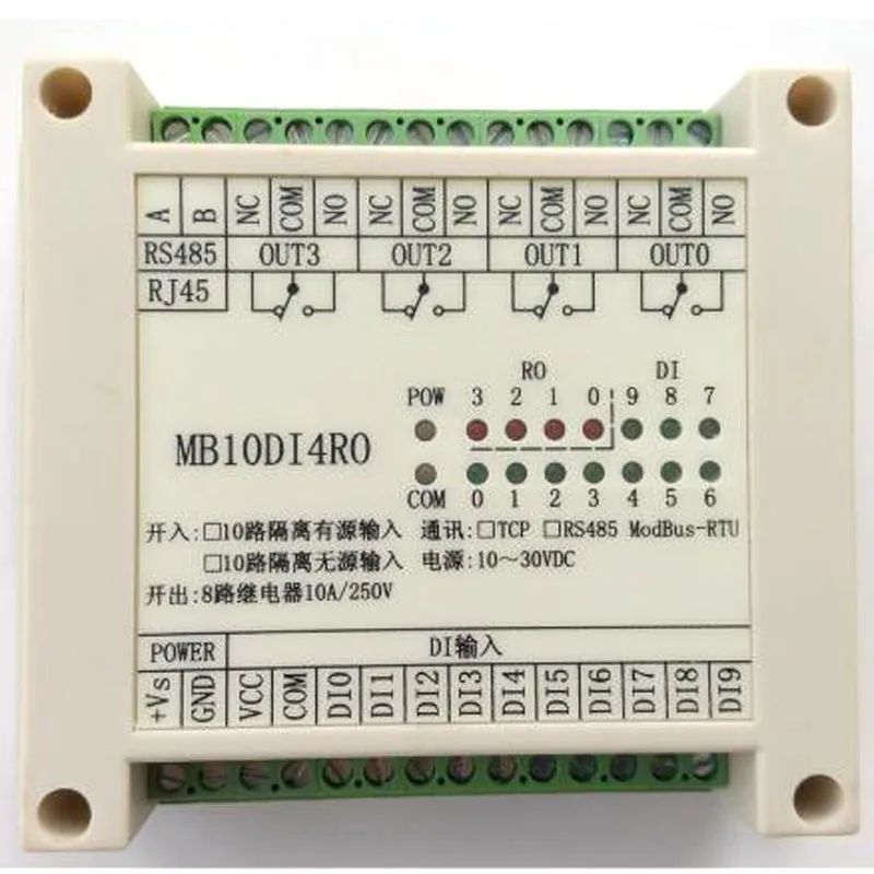 

MB10DI4RO 10-channel switch input value acquisition and 4-channel relay output module RS485 MODBUS-RTU communication