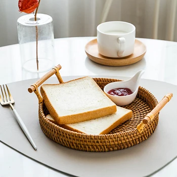 

Rattan Storage Tray, Round Basket with Handle, Hand-Woven, Rattan Tray Wicker Basket Bread Fruit Food Breakfast Display Dropship