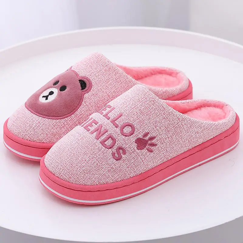 Women Winter Home Slippers Cartoon Bear Non-slip Soft Winter Warm House Slippers Indoor Bedroom Lovers Couples Floor Shoes Men - Цвет: red