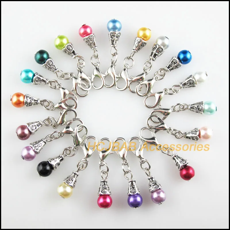 

20 New Tiny Cone 6x17mm Charms Mixed Ball Glass Tibetan Silver Plated Retro With Lobster Claw Clasps