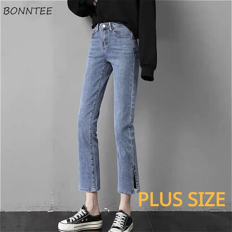 Vaqueros lisos de talla grande para mujer, Vaqueros rectos ajustados de estilo coreano con Raja lateral y longitud hasta el tobillo, moda de universidad que combina con todo, Chic