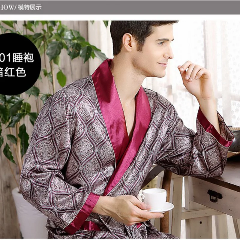Mens Robe Long Sleeves Bathrobe Sleepwear Silk Kimono Print Pajamas V-neck Bathrobe Night Dressing Gown Hombre Ropa