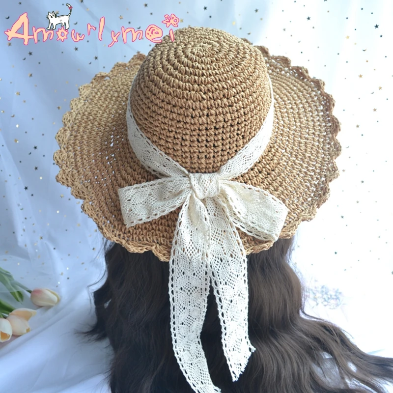 

Summer Sun Hat For Women Casual Beach Cap Japanese Style Mori Girl Lolita Sweet Lace Bow Straw Hat Chapeu Feminino