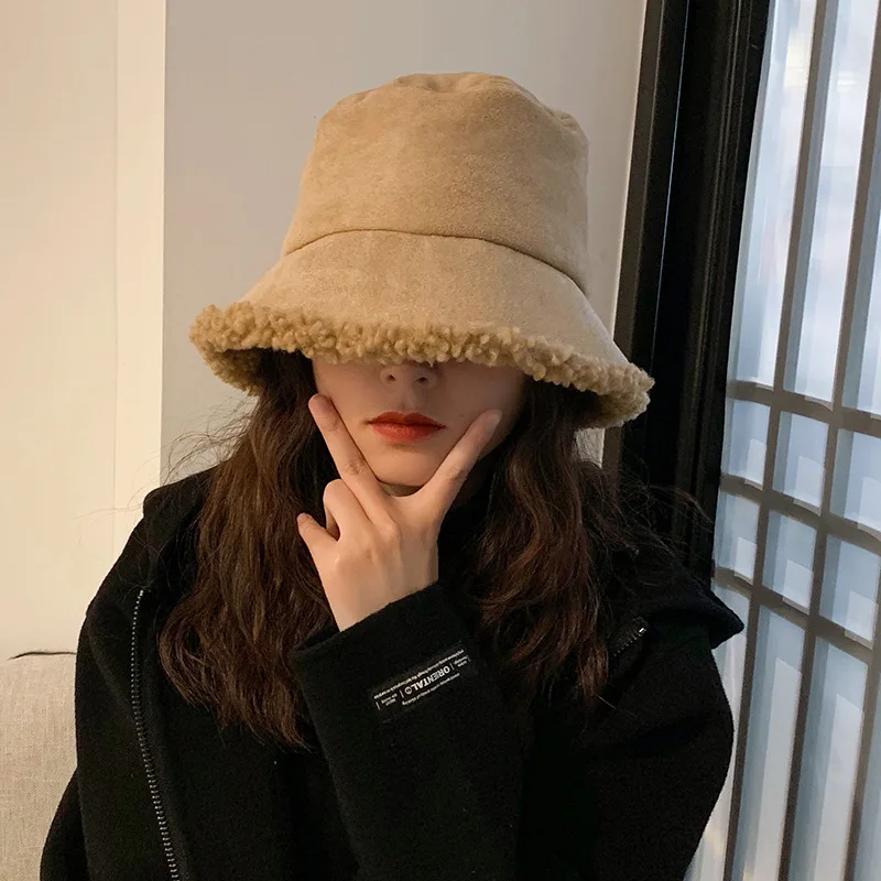 

Hat Women's Autumn And Winter Lambs Wool Bucket Hat Women's Korean-style INS Fashion Versatile Thick Warm Ear Protection Plush B