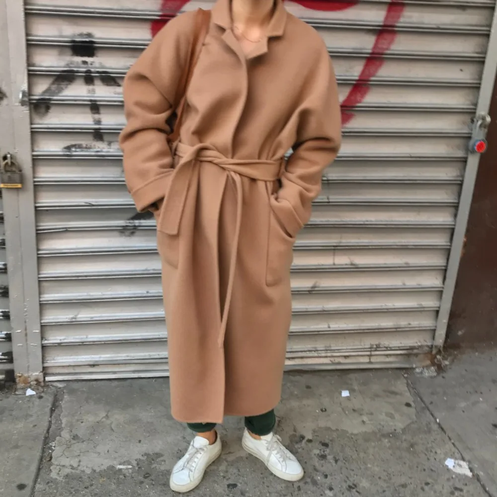 

Mooishe Sping Women Woolen Coat Loose Lazy Long Sleeve Camel Overknee Woolen Overcoat