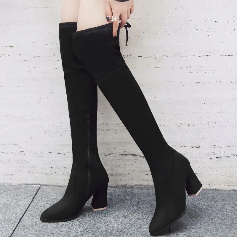 TAOFFEN/ г. Зимние Женские однотонные ботинки из джинсовой ткани простые теплые сапоги выше колена обувь с острым носком на молнии женские размеры 31-43