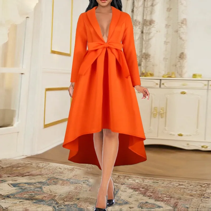 Elegant Women Long Sleeve Dress Sexy Deep V Bow Evening Party Dinner Dress High Waist Midi Vestido Orange Christmas Robe Fashion