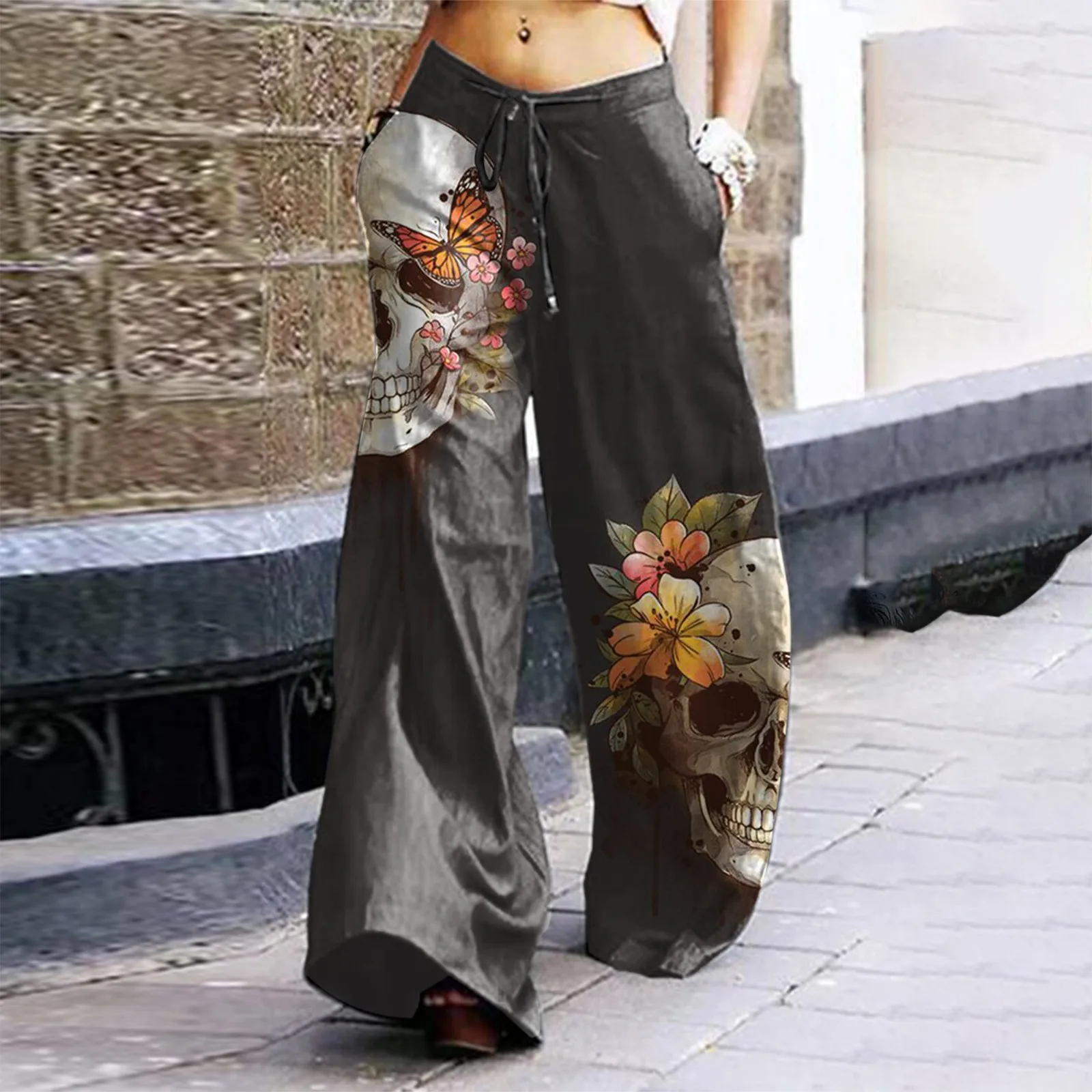 Women's Halloween Skull Print Wide-leg Pants Ladies Casual Loose Boho Wide Leg Pants Large Size Female Vintage Comfort Trousers 2