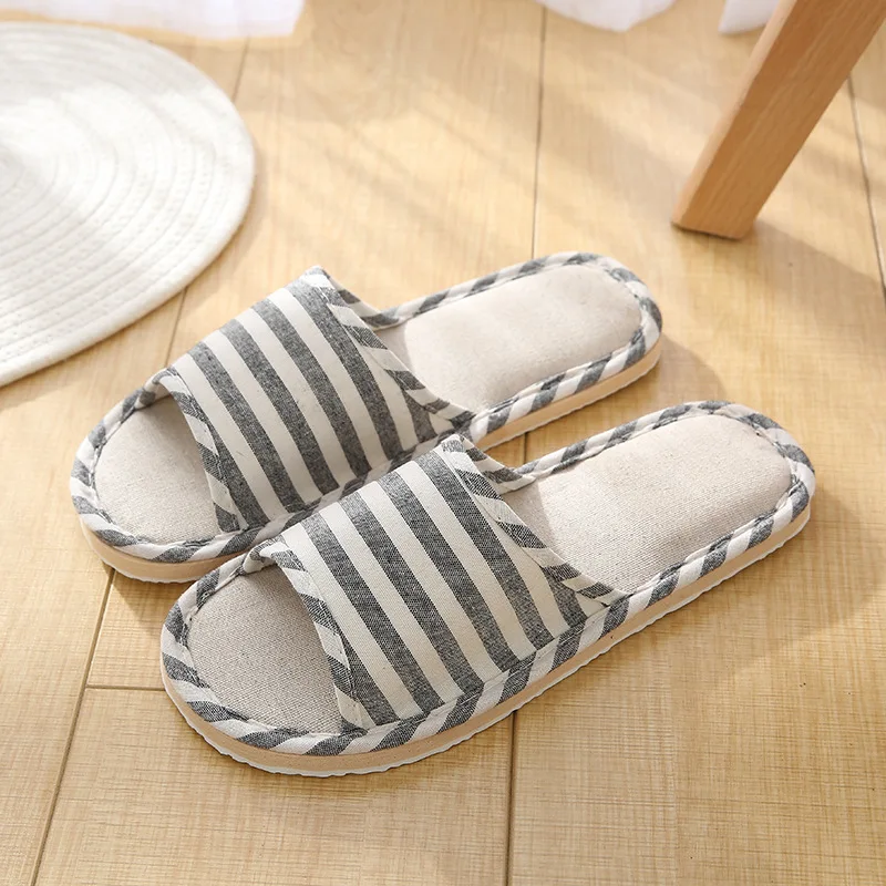 2024 Summer New Striped Slippers Casual Soft Non-Slip Foam Bottom Indoor Flip Flops Couple Linen Home Shoes 2