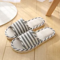 2024 Summer New Striped Slippers Casual Soft Non-Slip Foam Bottom Indoor Flip Flops Couple Linen Home Shoes 2