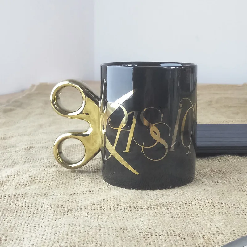 1pcs Personalized Scissors Mug Creative Gold Handle Ceramic Cup Office