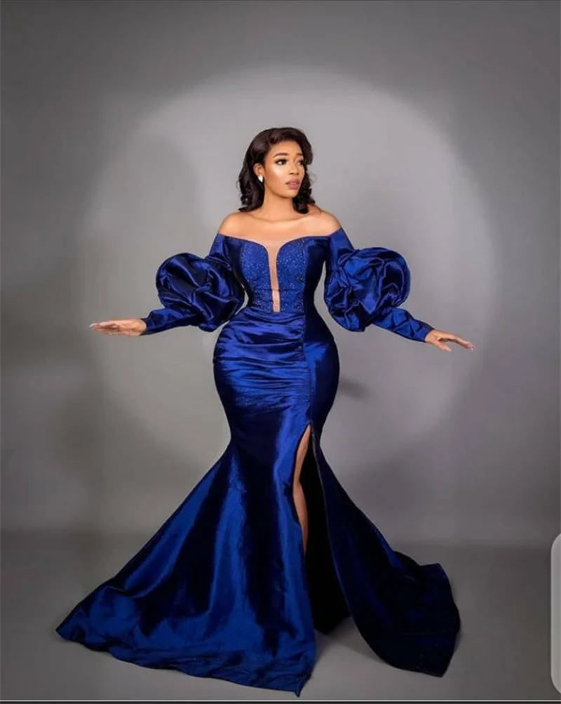 Robe de bal bleue gracieuse à paillettes, tenue de soirée à épaules dénudées, à manches longues, sur mesure, longueur au sol