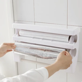 

4 In 1 Aluminum Film Cutter Multifunction Shelf Storage Box Towel Paper Holder Plastic Wrap Cutter Dispenser Cutter Tool