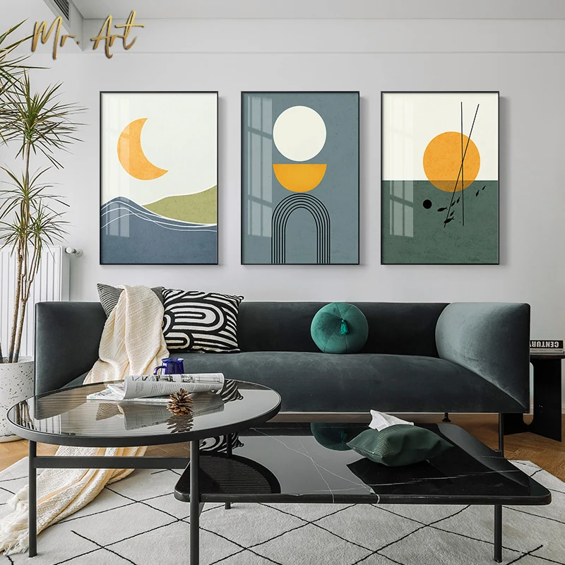 

Nordic Cartoon Landscape Canvas Poster Sun Moon and Geometry Combined Painting Picture Wall Art Picture for Living Room Bedroom