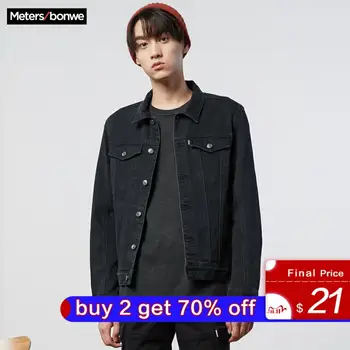 

Metersbonwe Denim Jackets Men Coat Black Casual Teens Denim Jacket Cotton Turn-down Collar Long Sleeve Denim Bomber Jackets