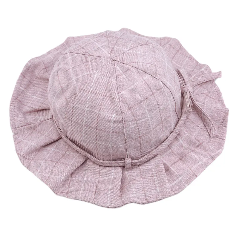 pink Модная клетчатая шляпа для маленьких девочек с бантом, шляпа принцессы, мягкая хлопковая шляпа от солнца, Повседневная шляпа-купол для девочек, Лидер продаж, летняя шляпа - Цвет: pink